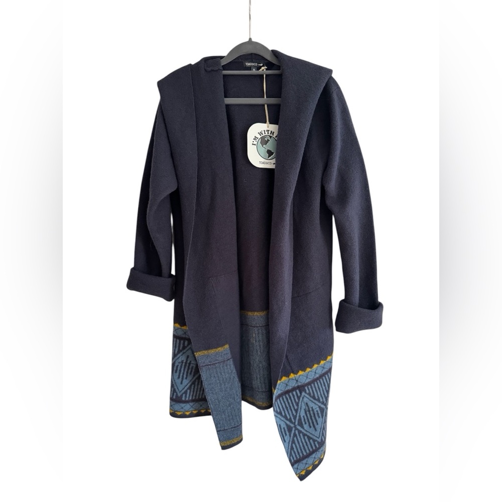 Stylish Navy Hooded Jacket with Patterned Trim